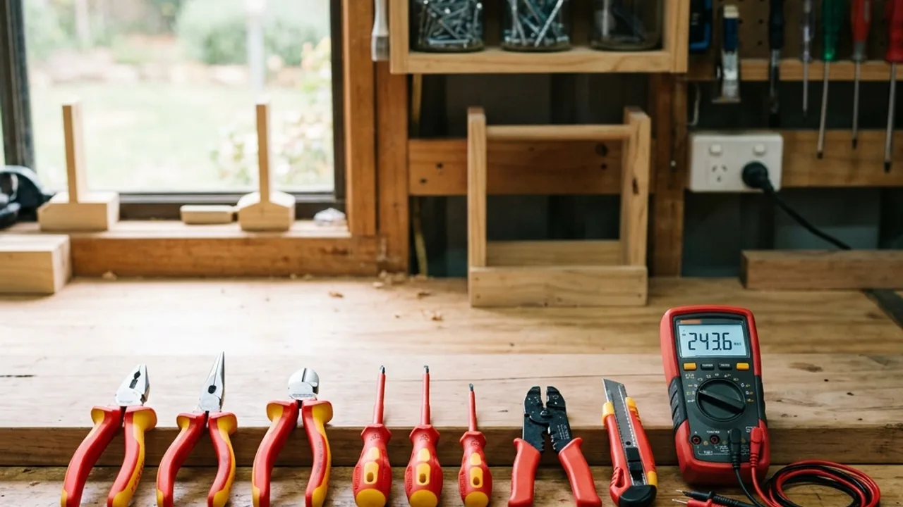 Illustration of electrical hand tools on a workbench